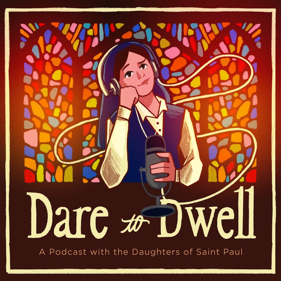 Dare to dwell podcast with illustrated sister wearing headphones and using microphone