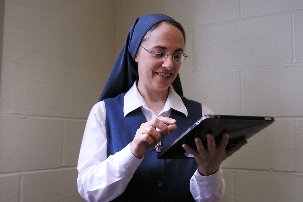 Sr Grace with tablet