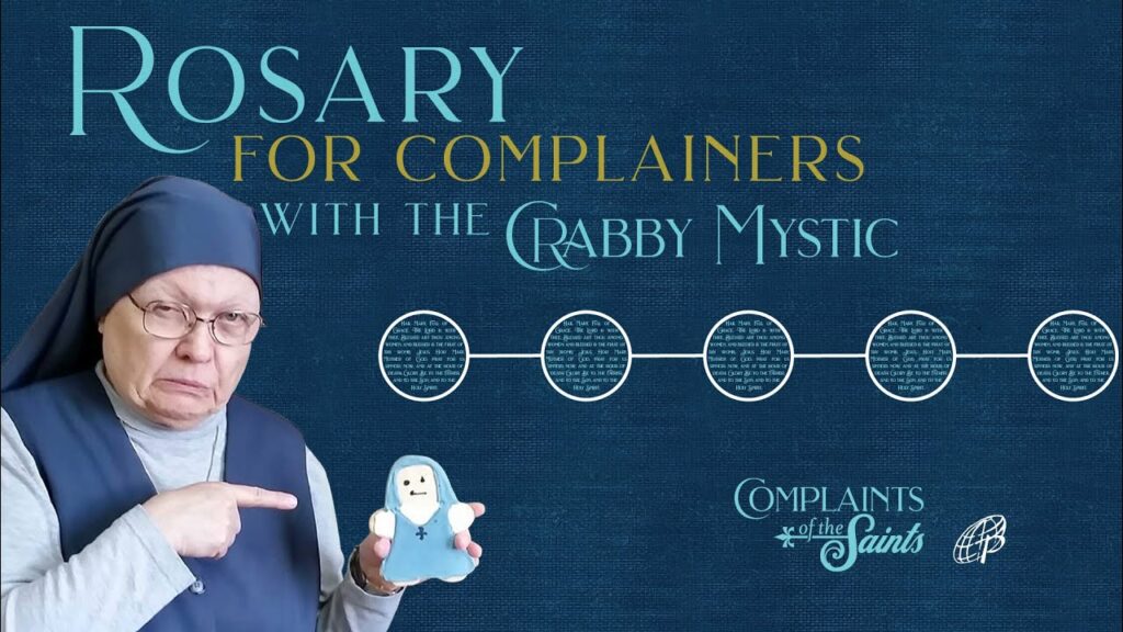 Rosary for complainers thumbnail, using color scheme from the book Complaints of the Saints, and with a funny image of the author