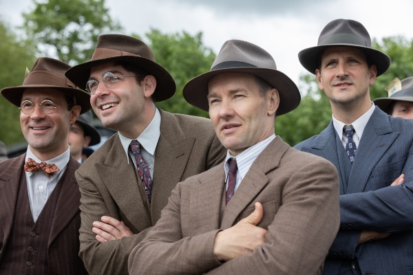 Chris Diamantopoulos, James Wolk, and Joel Edgerton as Al Ulbrickson in "The Boys in the Boat." © 2023 MGM. All Rights Reserved.