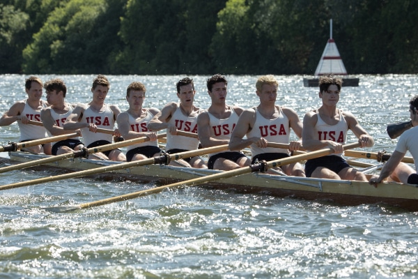 Sam Strike, Thomas Elms, Joel Phillimore, Tom Varey, Wil Coban, Bruce Herbelin-Earle, Callum Turner, Jack Mulhern and Luke Slattery in "The Boys in the Boat." © 2023 MGM. All Rights Reserved. 