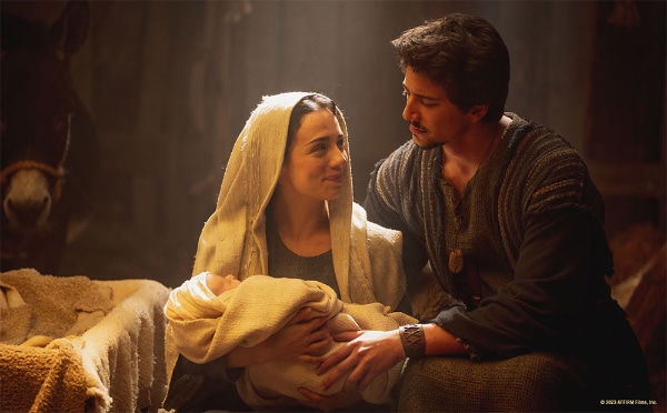 Fiona Palomo as Mary and Milo Manheim as Joseph in "Journey to Bethlehem." © 2023 Sony Pictures Affirm Films. All Rights Reserved. 